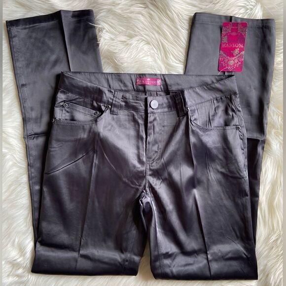 NWT Modiva Slate Grey Satin Shiny Flare Pants - Picture 2 of 14